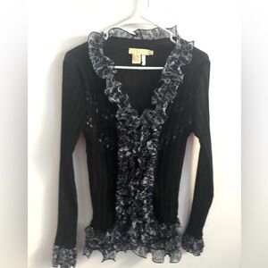 Michael Kors Whimsigoth Black Sheer M Ruffle Blouse Button up Feminine Romantic